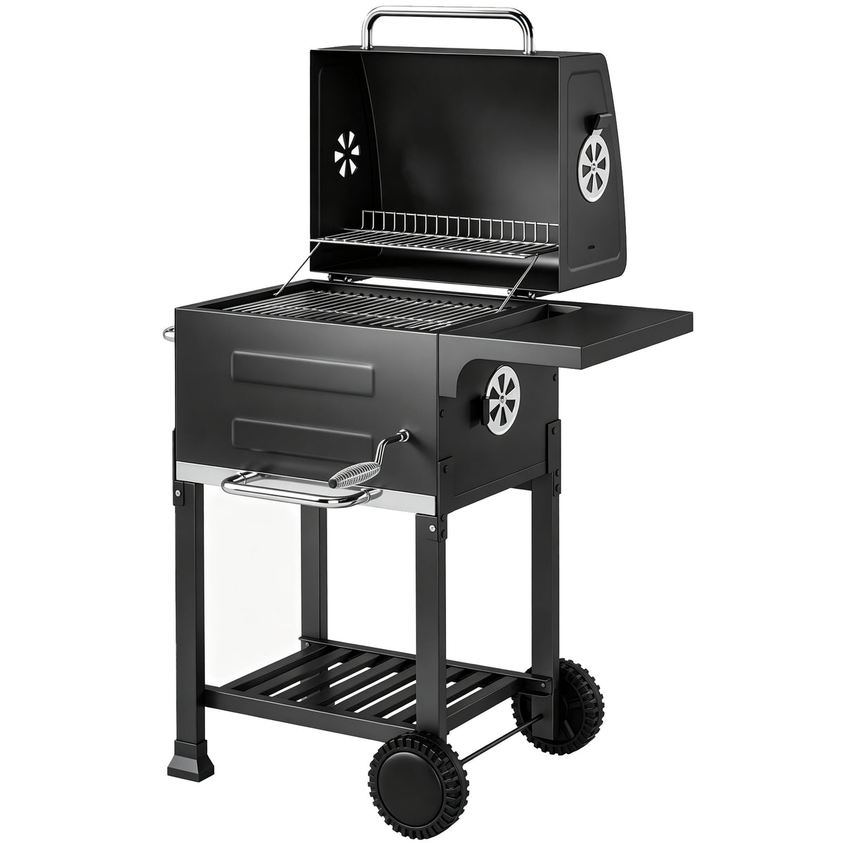 Holzkohlegrill Kompakt Grillwagen mit Deckel Thermometer Grillrost Seitentisch Aschefach Lüftungsschlitzen