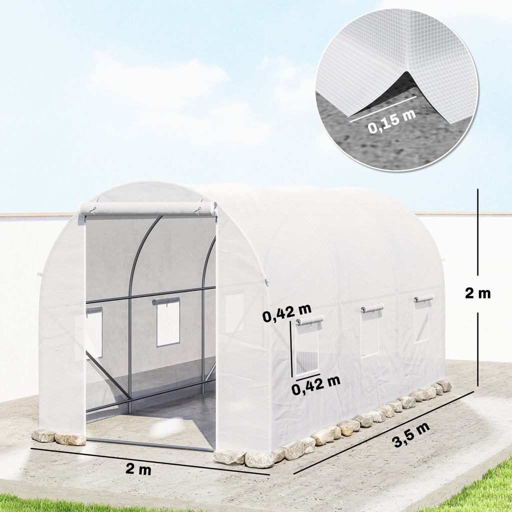 3.5 x 2 x 2 m Polytunnel Greenhouse, Walk-in Green House for Garden with Mesh Windows, Galvanised Steel Frame, White