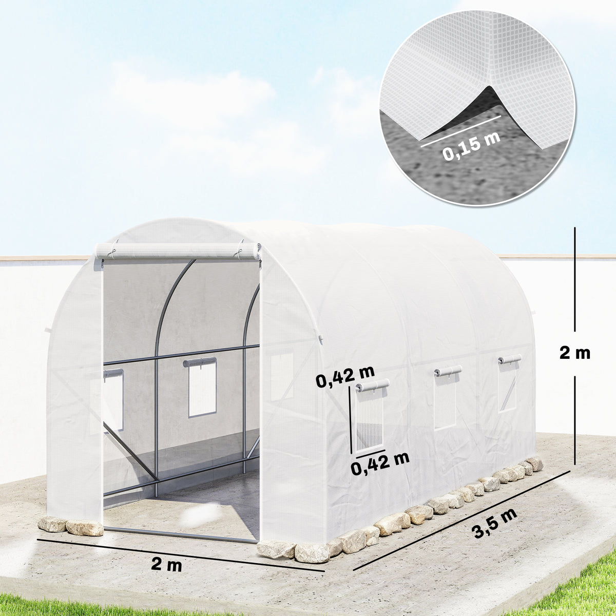  3.5 x 2 x 2 m Polytunnel Greenhouse, Walk-in Green House for Garden with Mesh Windows, Galvanised Steel Frame, White