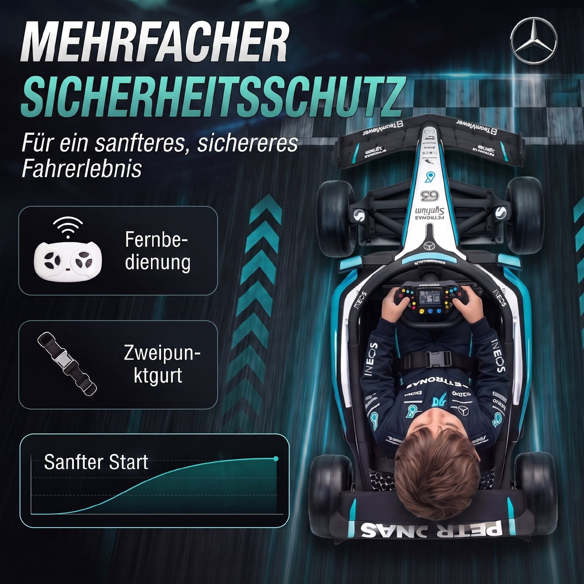 Mercedes-AMG PETRONAS F1 12 V Elektro Go-Kart für Kinder Gokart mit Lithium-Akku 2 Motoren Sanftanlauf