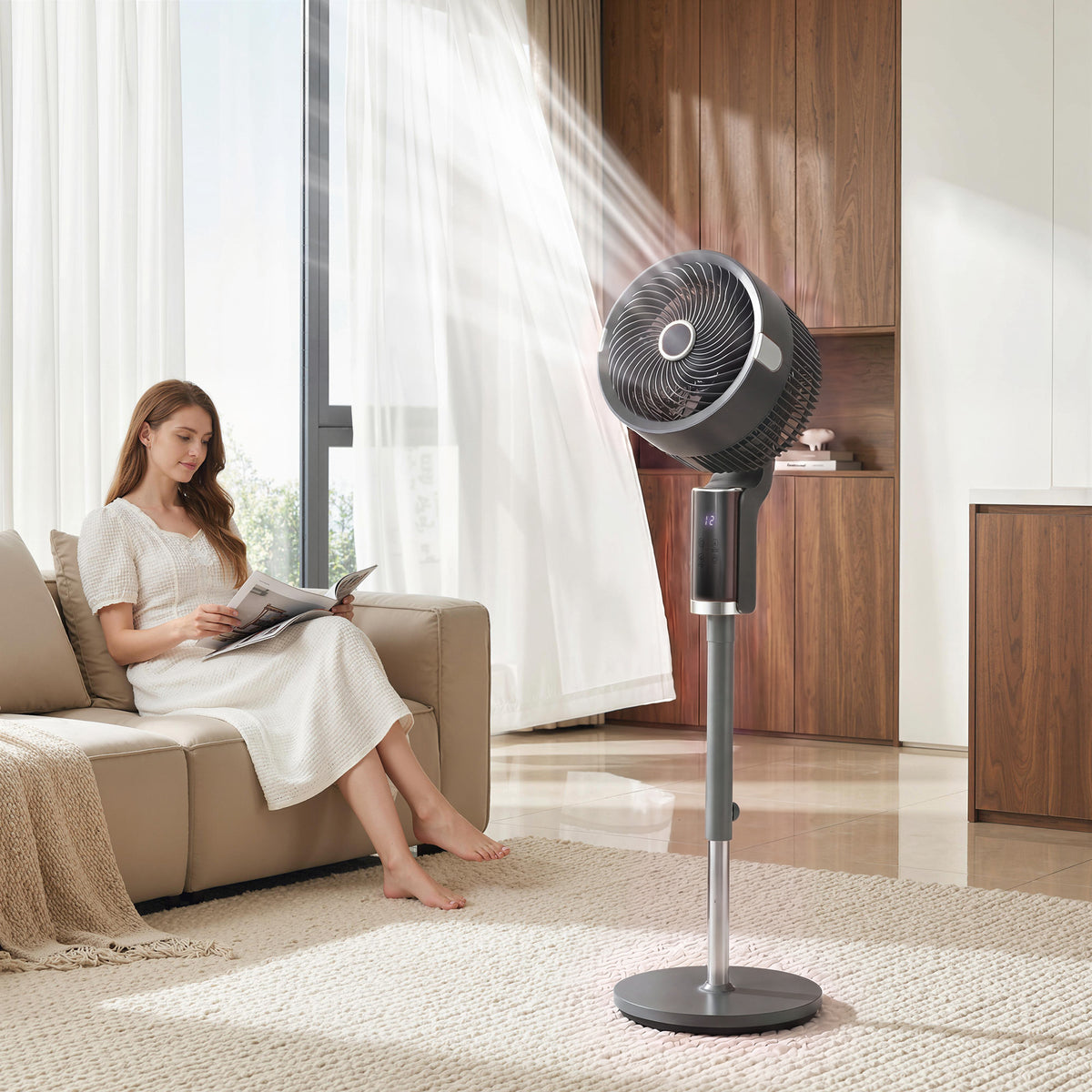 Standventilator Luftzirkulator Lüfter mit 8 Geschwindigkeitsstufen LED-Display Fernbedienung Timer 90° Oszillation Grau