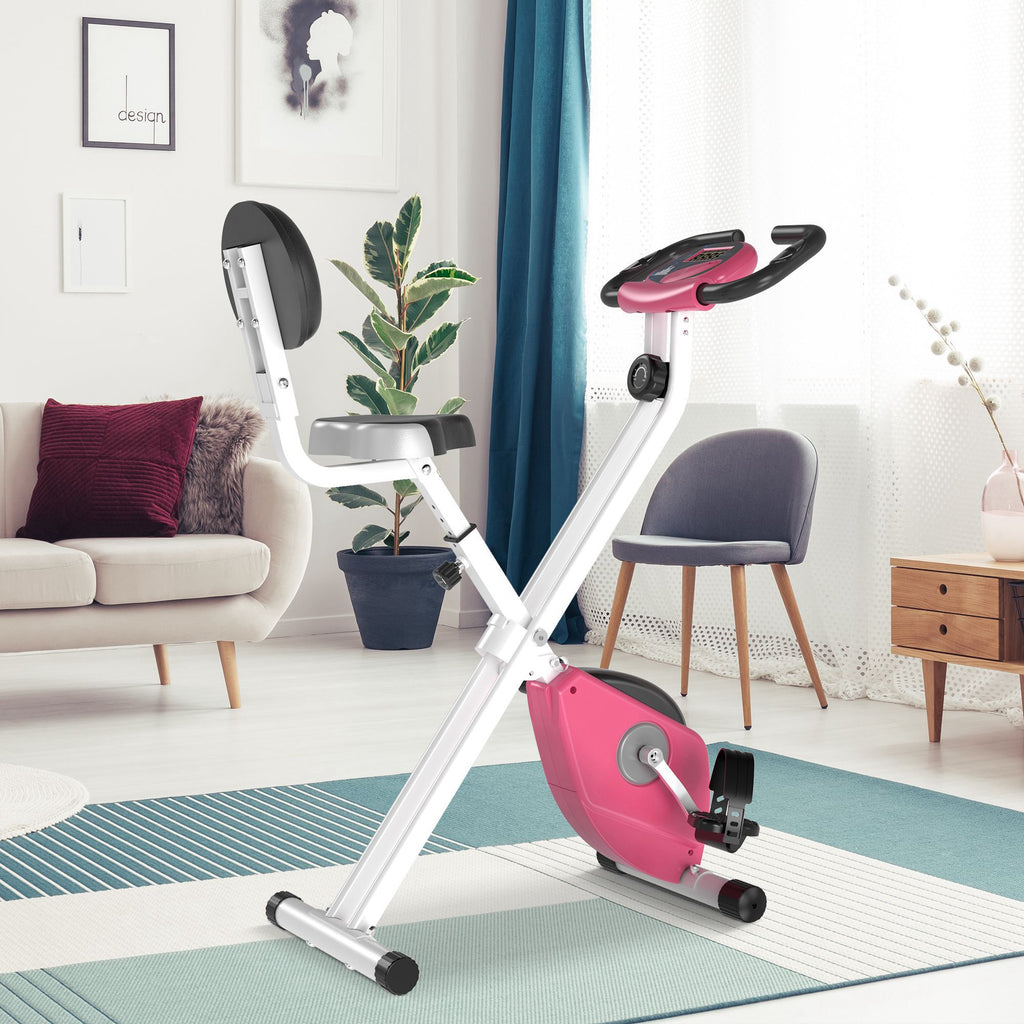 Heimtrainer Fahrradtrainer klappbar Magnetisch Hometrainer Fahrrad mit LCD Monitor, 8 stufig einstellbarem Magnetwiderstand Räder, Leise Platzsparend Fitnessbikes für Zuhause Rosa+Weiß