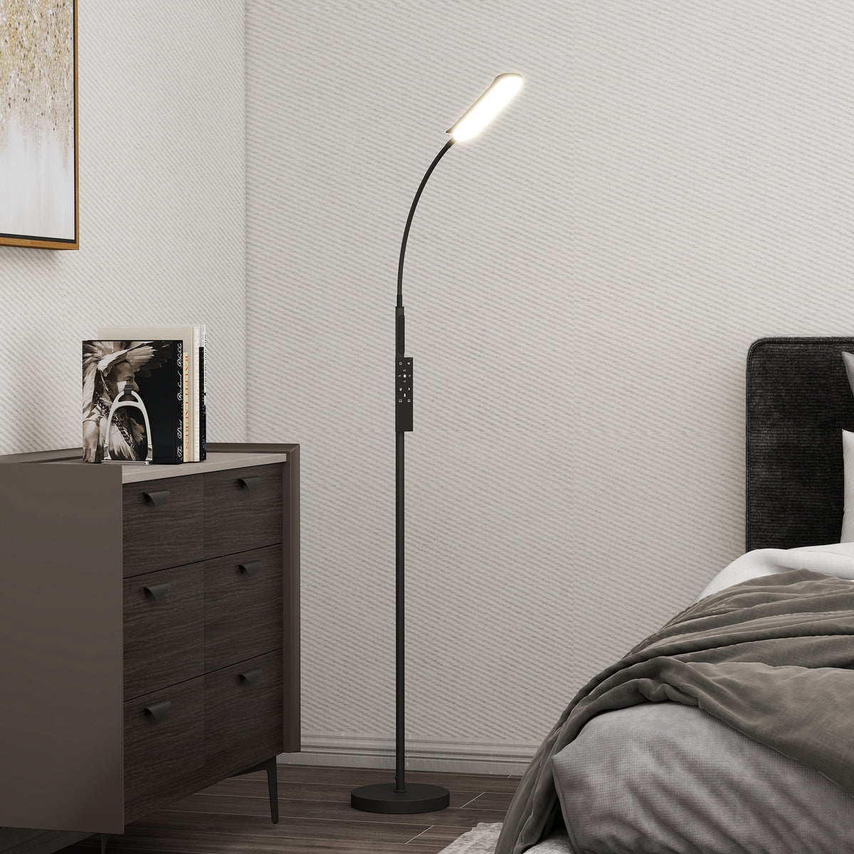 LED Stehlampe Dimmbar, Fernbedienung, 360° Schwanenhals, Schwarz