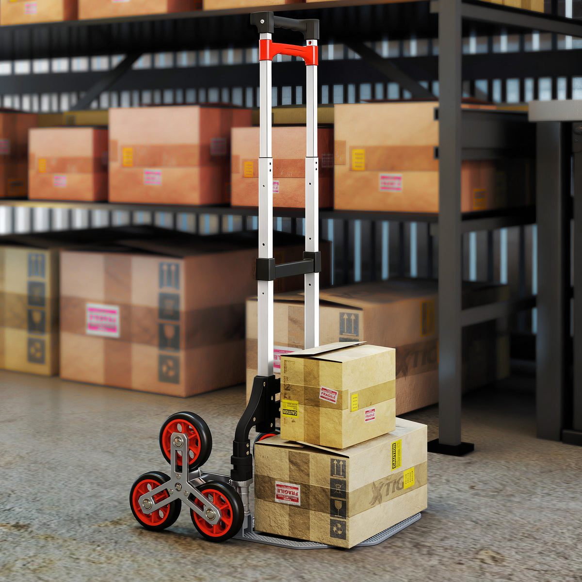 Faltbarer Treppensteiger-Trolley, 6-Rad-System, tr?gt 70 kg, Aluminium, Rot