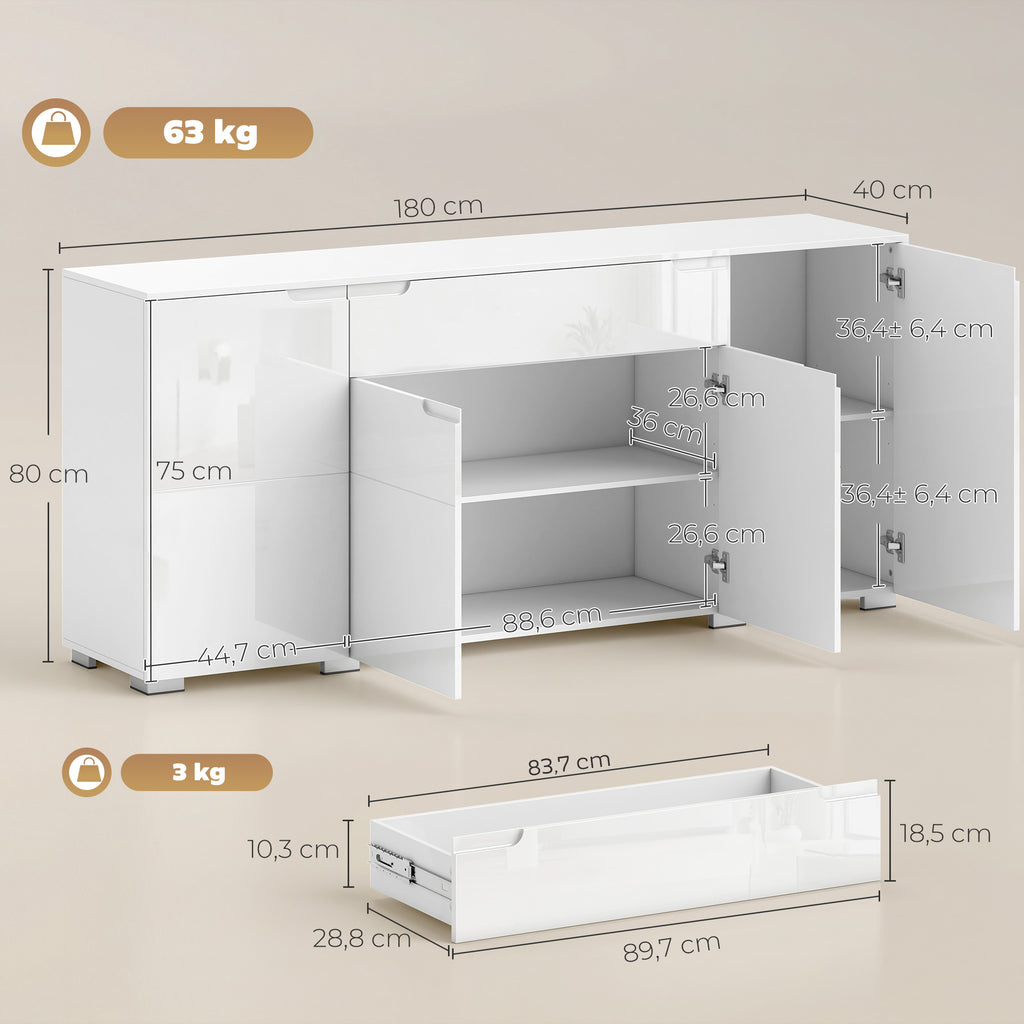 Hochglanz-Sideboard, moderne Kommode mit 4 Türen und verstellbaren Einlegeböden, Soft-Close-Funktion, Weiß