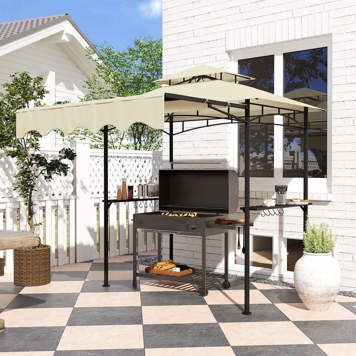 Grillpavillon 242x232x248 cm wasserabweisend flammhemmend Gartenpavillon mit Doppelschichtdach Beige