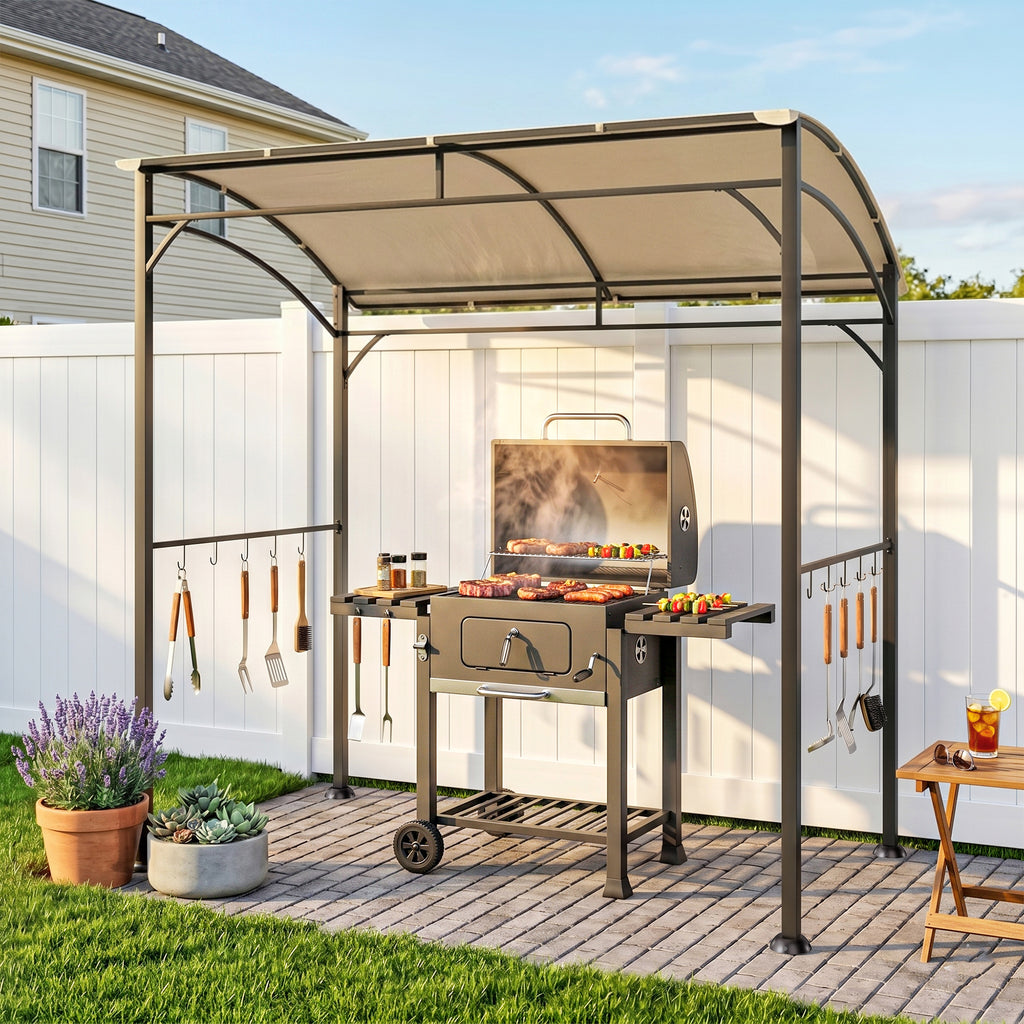 2.2 x 1.5 m BBQ Grill Gazebo Tent, Garden Grill with Metal Frame, Curved Canopy and 10 Hooks, Outdoor Sun Shade, Beige