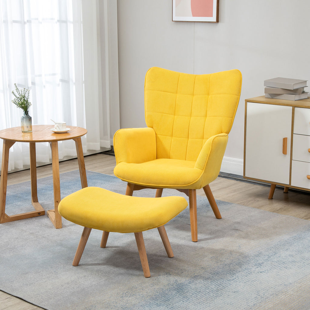 Akzentsessel mit Hocker, Relaxsessel in Cord-Optik, Armlehnstuhl mit Holzbeinen, für Wohnzimmer, Gelb