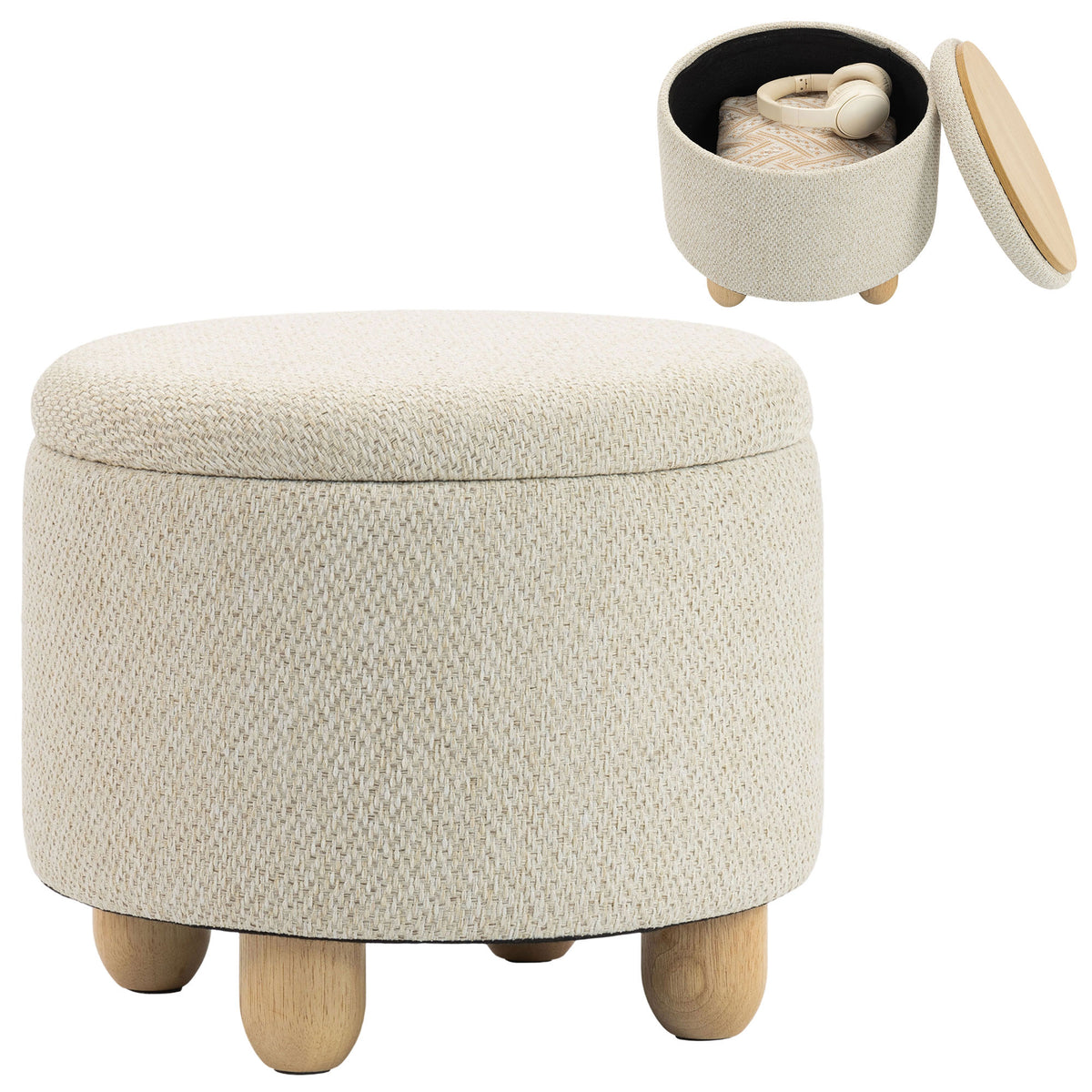 Hocker mit Stauraum, Runder Sitzhocker mit Deckel, Leinenoptik für Wohnzimmer, Schlafzimmer, 38,5x38,5x33,5 cm Beige