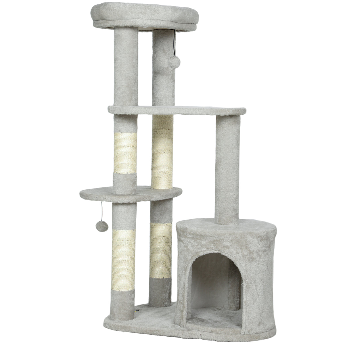 Kratzbaum 114 cm Katzenturm mit Höhle, Sisalstämme, Plattform, mehrstöckig ür mittelgroße Katzen unter 6 kg, Hellgrau
