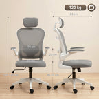 Bürostuhl Ergonomischer Schreibtischstuhl mit Hochklappbaren Armlehnen, Verstellbarer Lendenwirbelstütze Grau