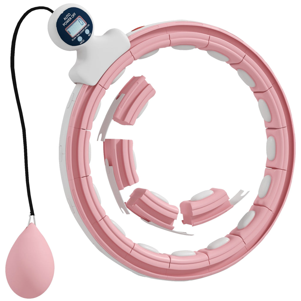 Smart Weighted Hula Hoop, Massage Hula Ring w/ 16 Detachable Knots, 360° Auto-Rotating Ball, Digital Counter, Pink