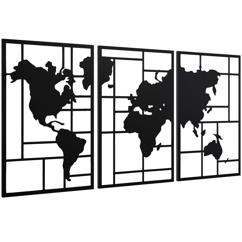 Wanddeko Metall 3 St¨¹ck Wanddekoration Weltkarte Wandkunst f¨¹r Wohnzimmer Schlafzimmer Flur, 50 x 80 cm, Schwarz
