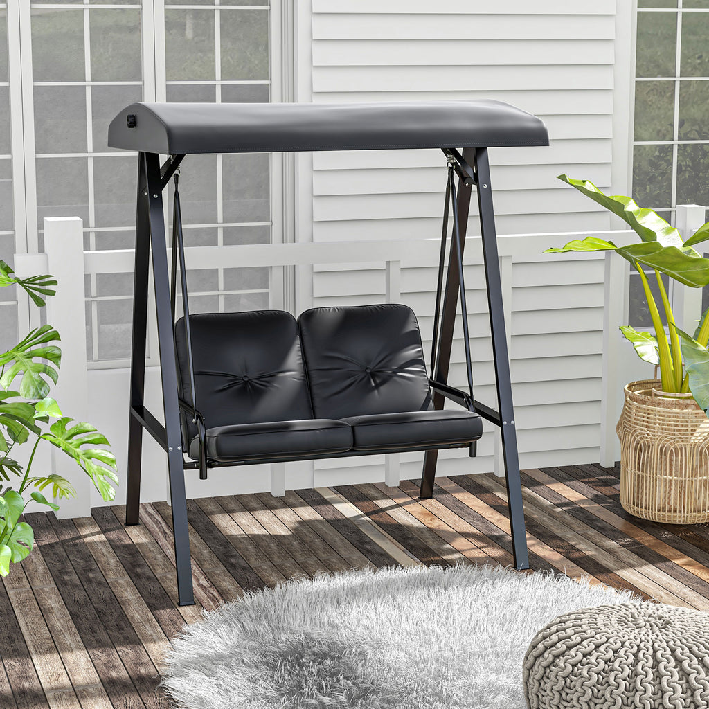 Two-Seater Garden Swing Bench, with Adjustable Canopy - Black