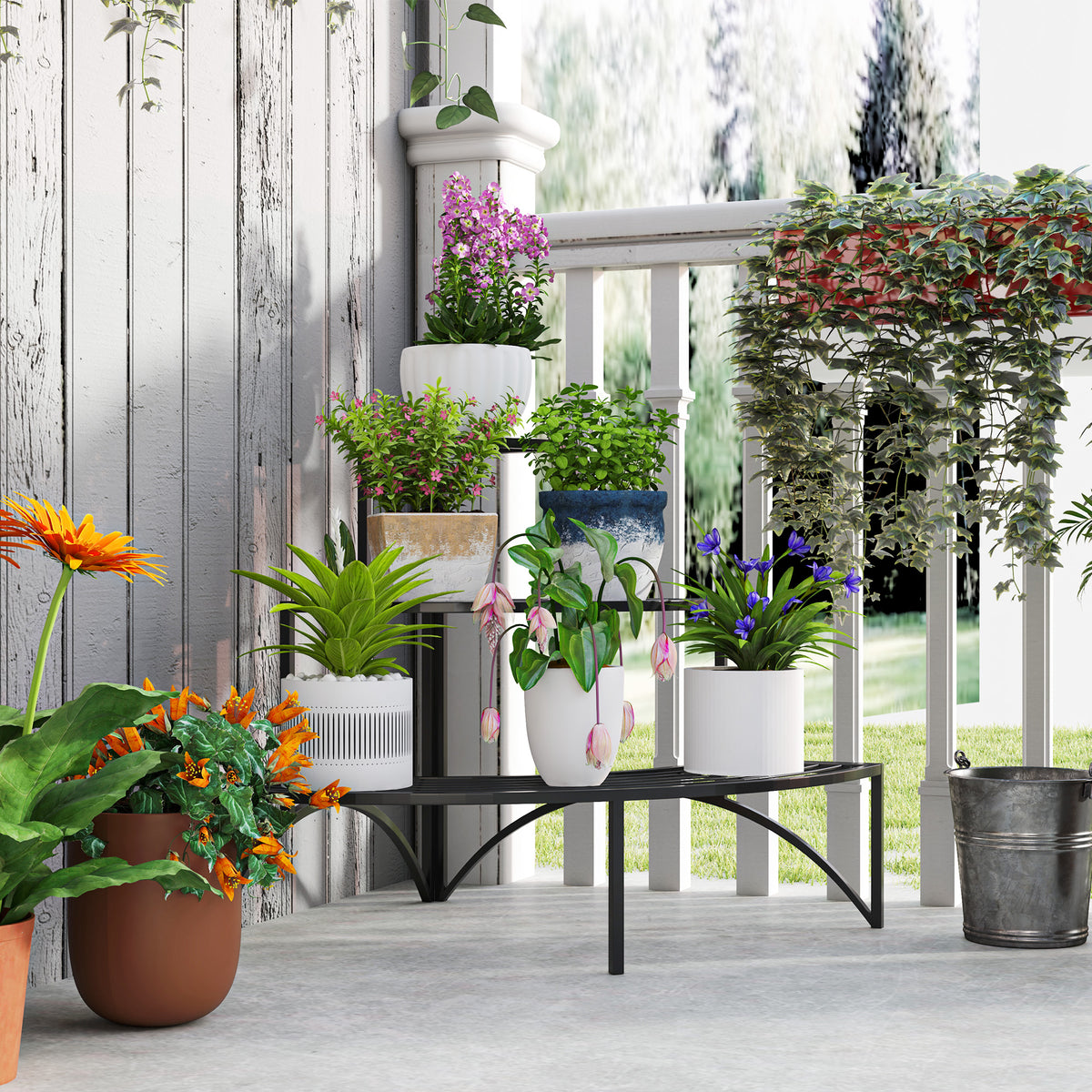 Three-Tier Corner Metal Plants Shelves - Black