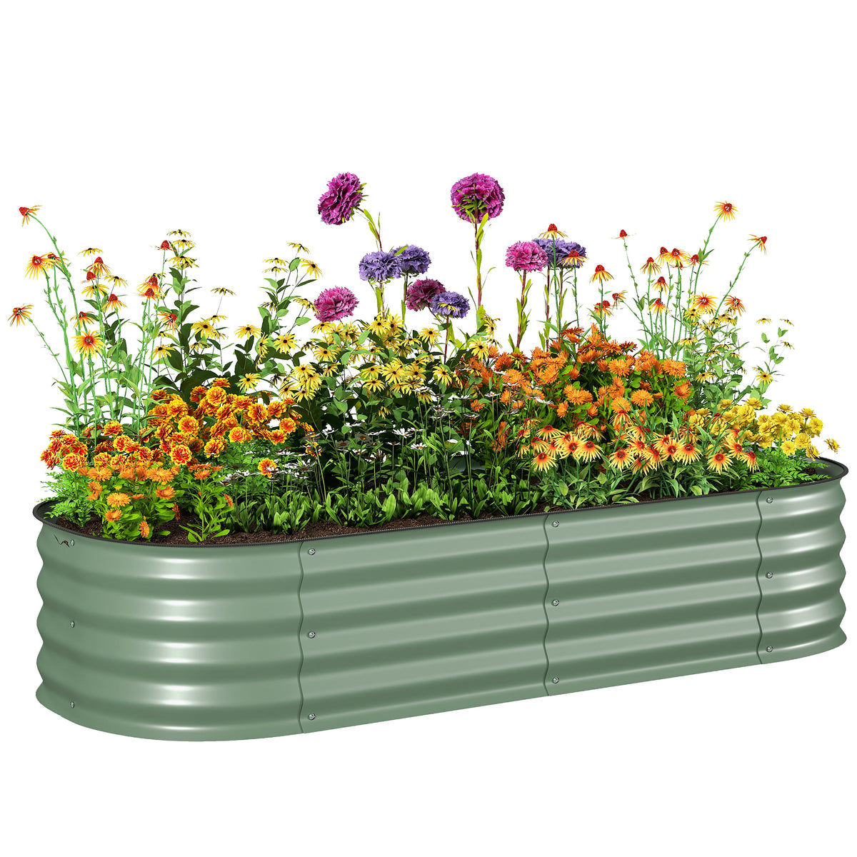 Galvanised Raised Garden Bed, Metal Planter Box with Safety Edging, for Flowers, Herbs, Succulents, Green
