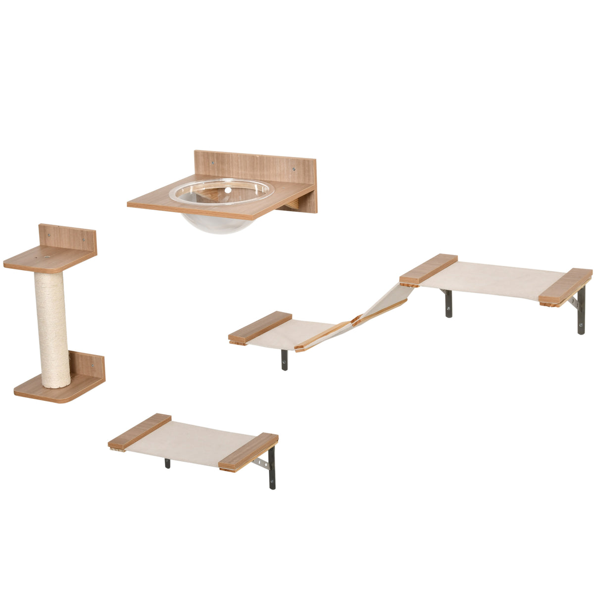 4PCs Wall-mounted Cats Climbing Shelf Set Cat Tree Kitten Perch Activity Center with Hammock Scratching Post Jumping Platform Brown