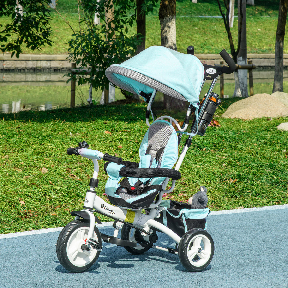 6 in 1 Kids Trike Push Bike w/ Push Handle, Canopy, 5-point Seat Belt, Storage, Footrest, Brake, for 1-5 Years, Green