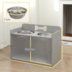Erhöhte Futterstation mit 2 Näpfen und Schrank, MDF, Edelstahl, Knochenmuster, Grau