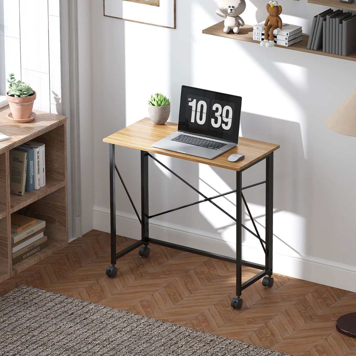Klappbarer Schreibtisch mit R?dern, platzsparend, Stahl, MDF, Eiche