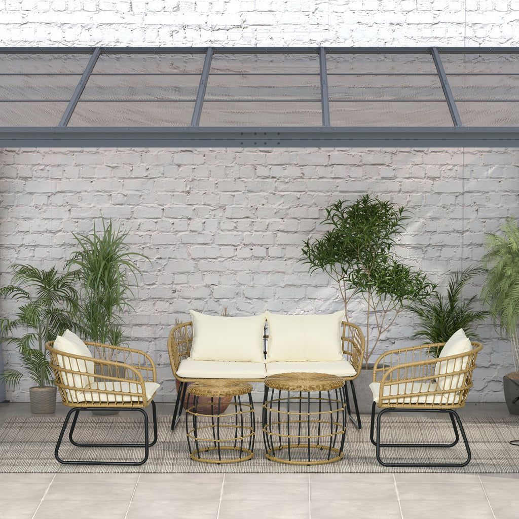 Rattansitzgruppe Lounge-Set Outdoor-Sitzgruppe, Boho-Stil, 5-teilges Set, 145 x 70 x 78 cm, Creme + Natur + Schwarz