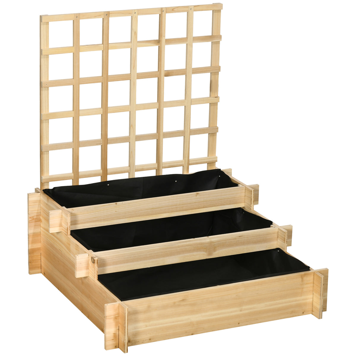 3 Tier Garden Planters with Trellis for Vine Climbing, Wooden Raised Beds, 95x95x110cm, Natural Tone