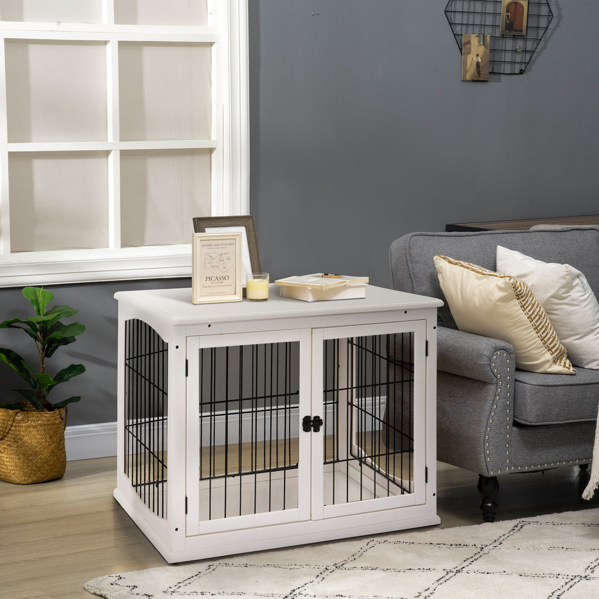 Dog Crate Furniture, Puppy Crate End Table, Pet Kennel House with 2 Doors for Medium and Small Dogs, 81 x 58.5 x 66 cm, White