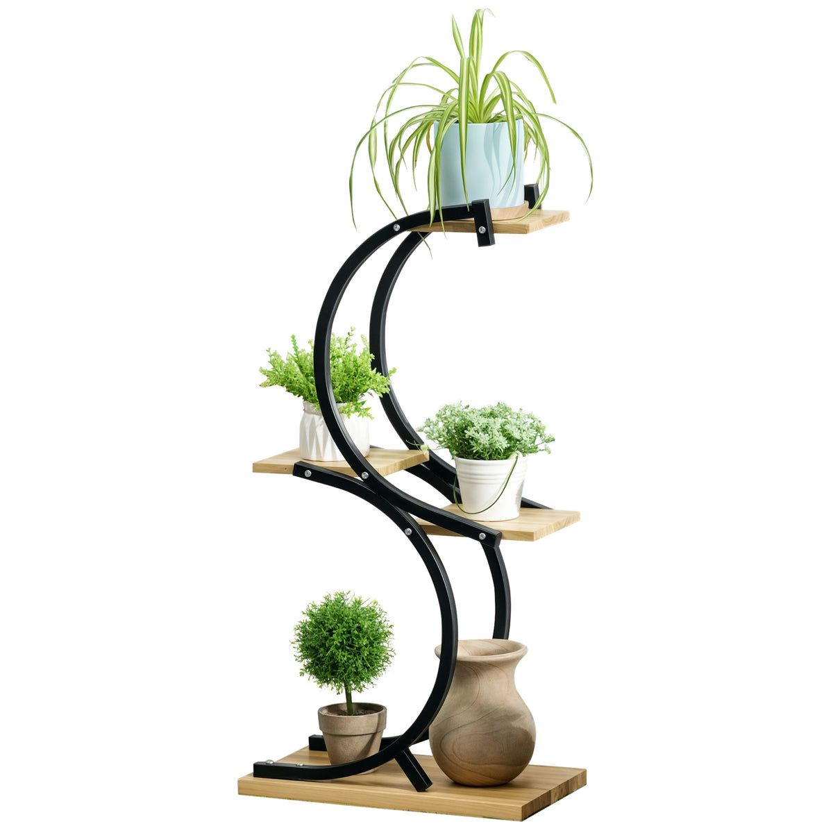 Pflanzenst?nder mit 4 Regalen, Massivholz, wetterbest?ndig, 46 cm x 25 cm x 91 cm, Schwarz + Natur