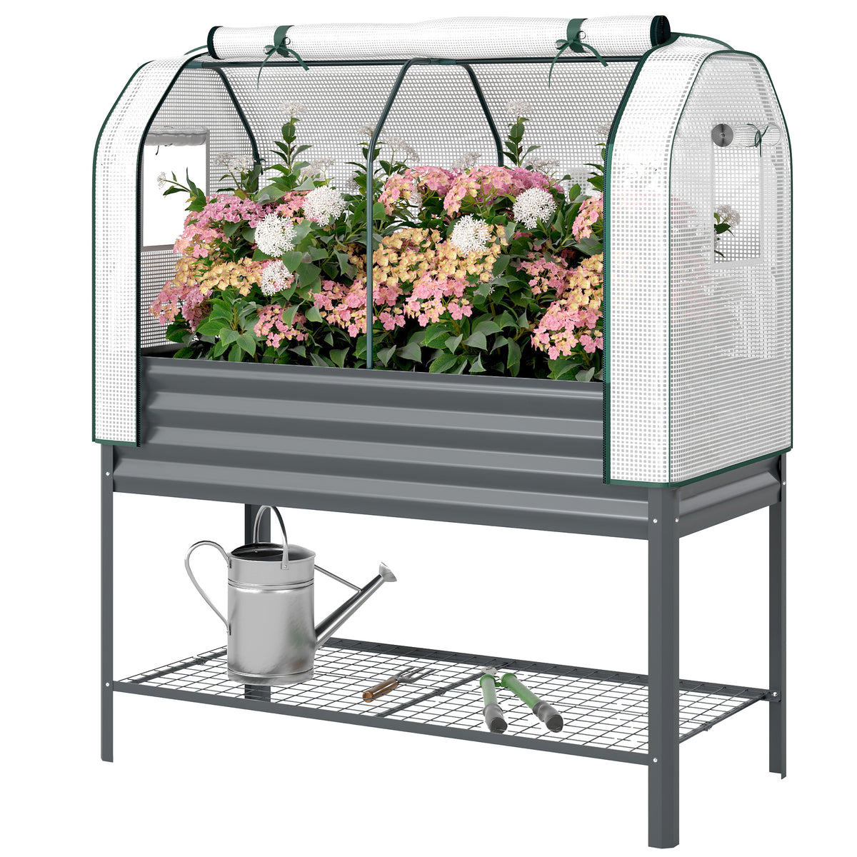 Galvanised Raised Planter with Greenhouse Cover, Metal Raised Garden Bed on Legs with Bed Liner and Bottom Shelf