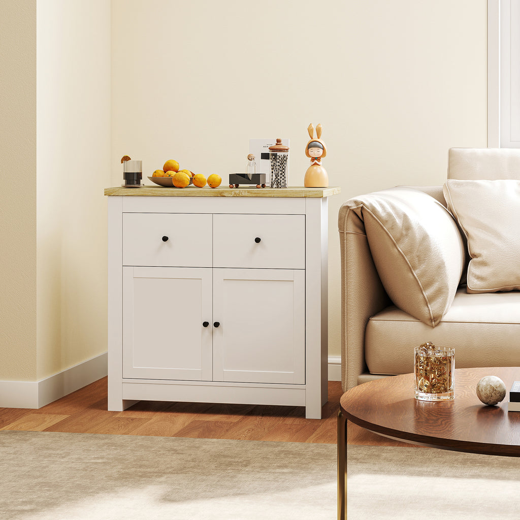 Kommode mit viel Stauraum, Sideboard mit Soft-Close-Türen, 2 Schubladen, verstellbares Regal, Weiß