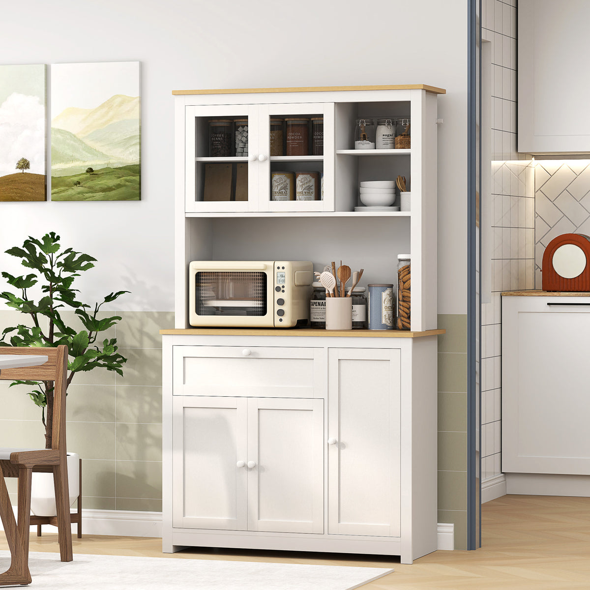 Küchenschrank im Landhausstil, 1 Vitrine, 1 offenes Regal, 1 Schublade, 2 Schränke, Natur + Weiß