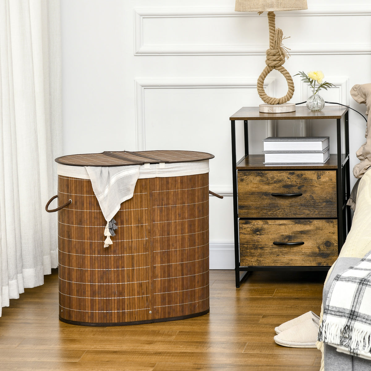 100L Bamboo Laundry Basket with Lid, Washing Basket with 2 Compartments, Handles, Removable Liner, Brown