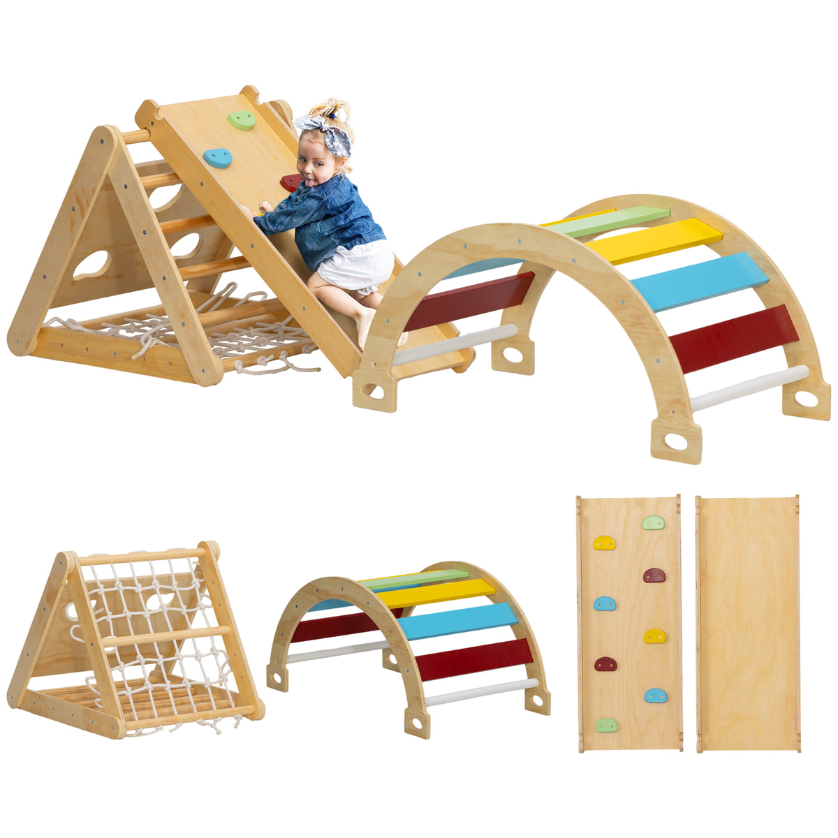 Kletterger¨¹st Indoor, 7 in 1 Kletterdreieck mit Rutsche, Kletterbogen, Mehrfarbig