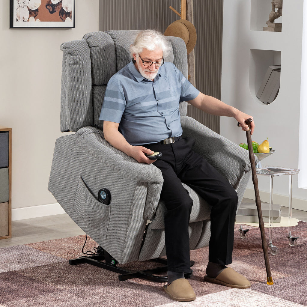 Powerlift-Sessel, Massagesessel mit Wärmefunktion, Polstersessel mit Fußstütze, Seitentasche, Stoffbezug, Dunkelgrau