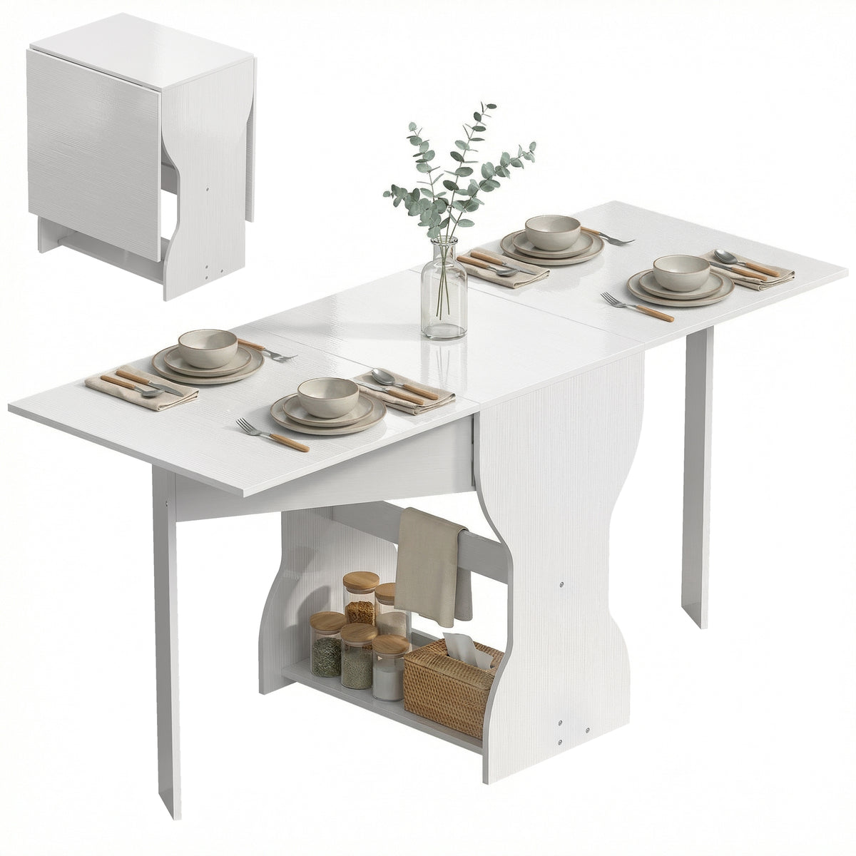 Esstisch Klappbar Küchentisch mit Stauraum für 2-4 Personen Klapptisch für Kleine Räume Esszimmer 160 x 60 x 75 cm Weiß