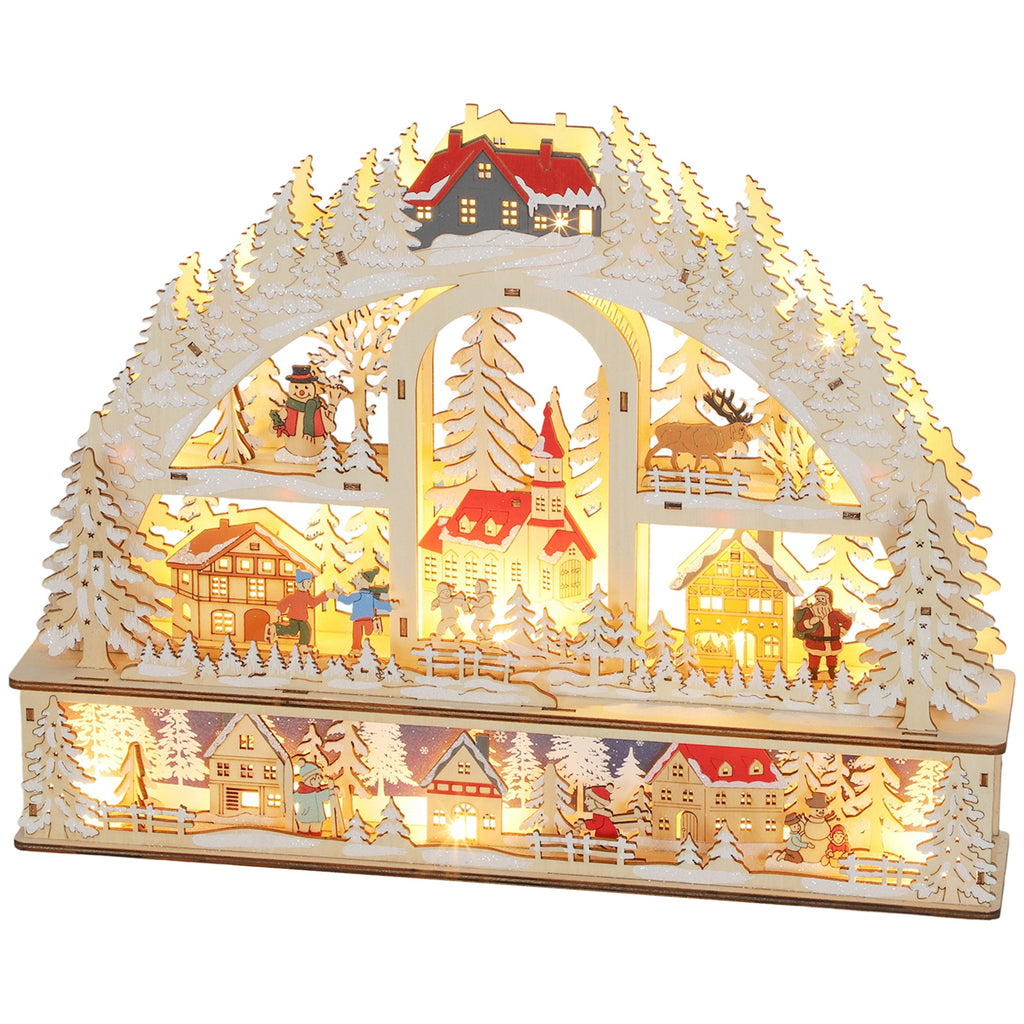 Weihnachtsdorf mit LED-Leuchtung, 45 cm Weihnachtsstadt mit Schneemann, Renntier und Bäume Naturholz