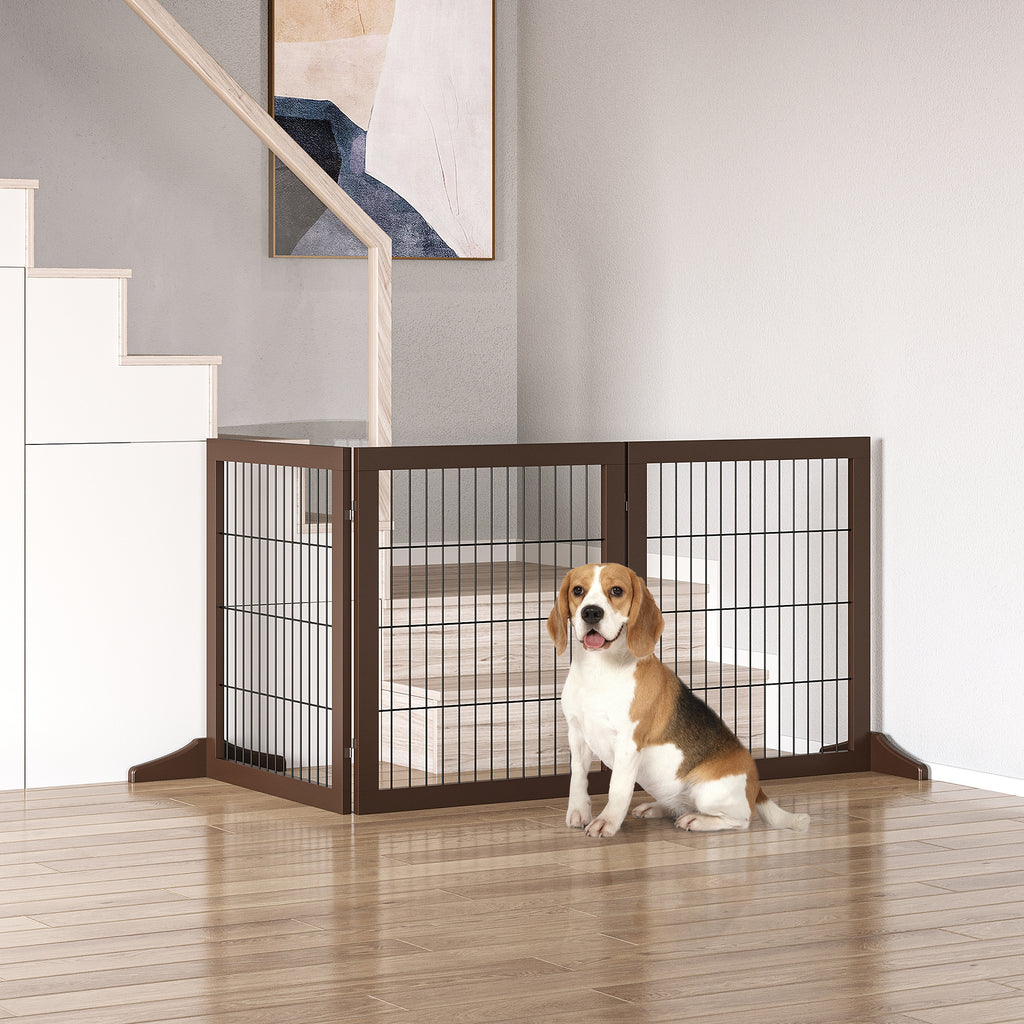 Freestanding Dog Gate 3 Panel Safety Pet Barrier Foldable w/ Support Feet Brown 185 x71 cm