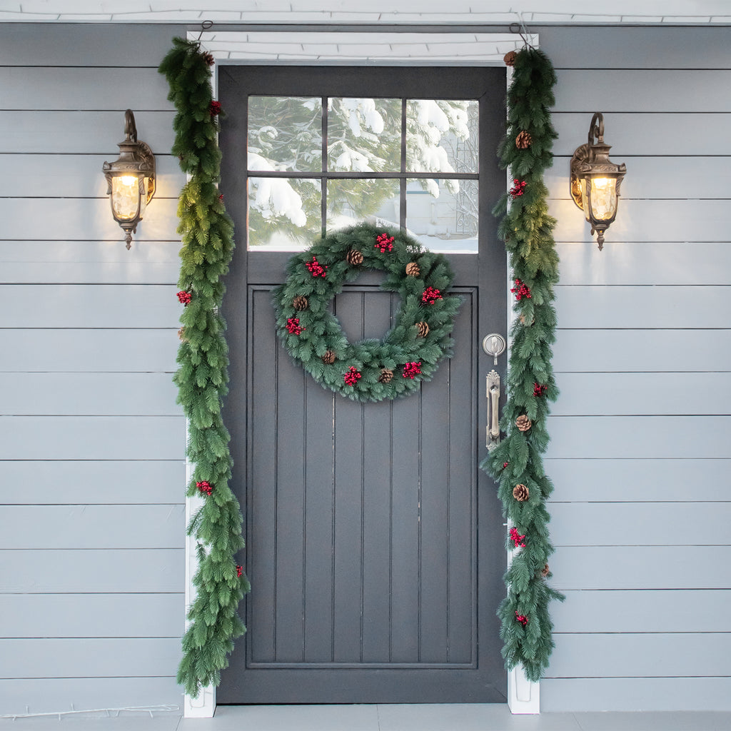 Weihnachtskranz 60 cm Türkranz mit 40 LEDs Zapfen roten Beeren Künstlicher Weihnachtskranz Weihnachten Adventskranz Haustür Kränze für Außen, Innen, Advent, Fenster