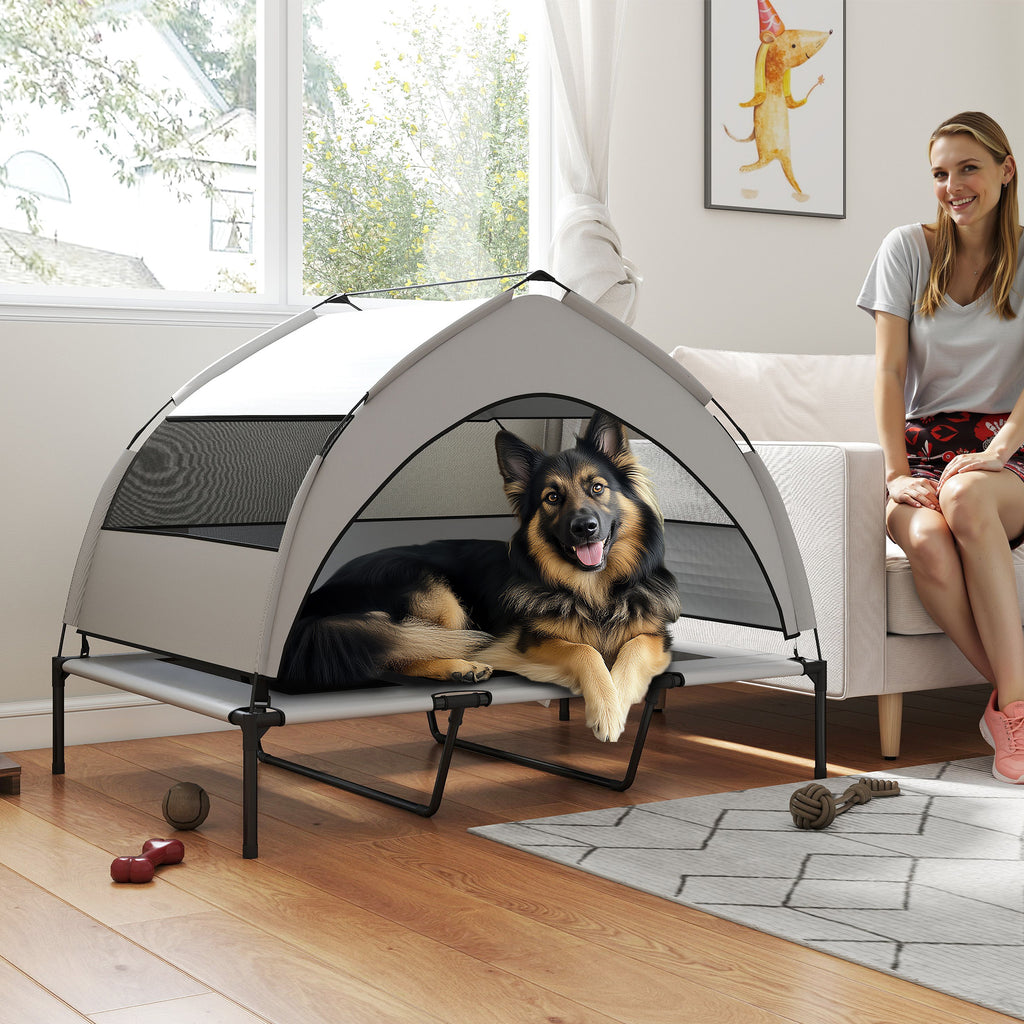 Hundeliege Outdoor mit Dach, Erhöhtes Hundebett für extra große Hunde, mit Stahlrahmen, 122x92x94cm, Hellgrau