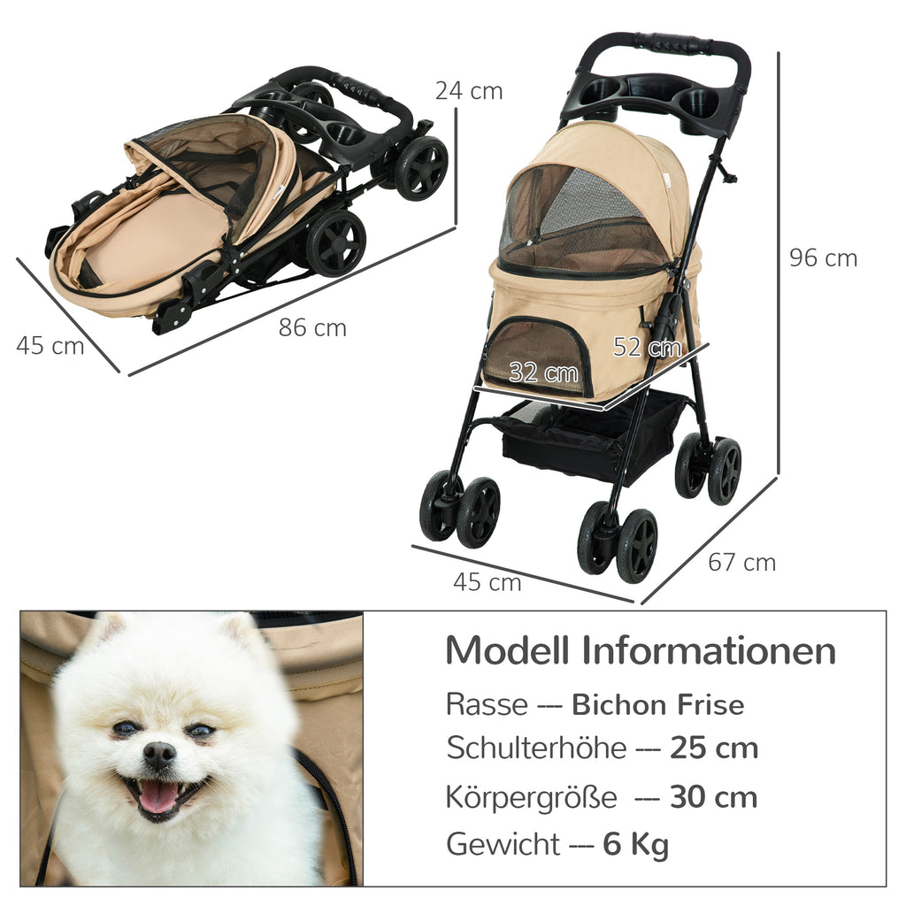 Hundewagen Hundebuggy, klappbar, 2 Sicherheitsleinen, 2 Becherhalter, 67 x 45 x 96 cm, Khaki