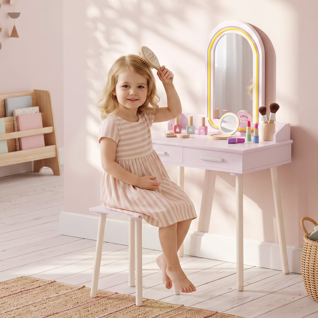 Kinder Schminktisch Set 2 in 1 mit LED-Spiegel für Mädchen Rosa