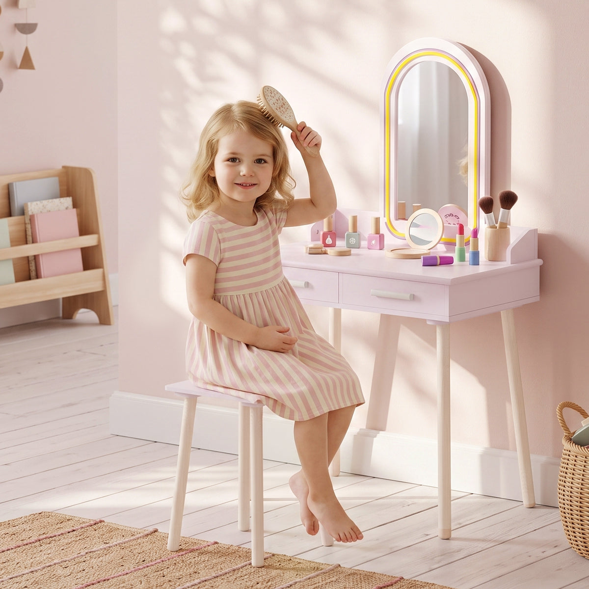 Kinder Schminktisch Set 2 in 1 mit LED-Spiegel für Mädchen Rosa