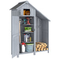 Garden Outdoor Storage Shed 3 Shelves Tilt Roof w/ Firewood Rack Log Carrier, 129L x 51.5W x 180H cm