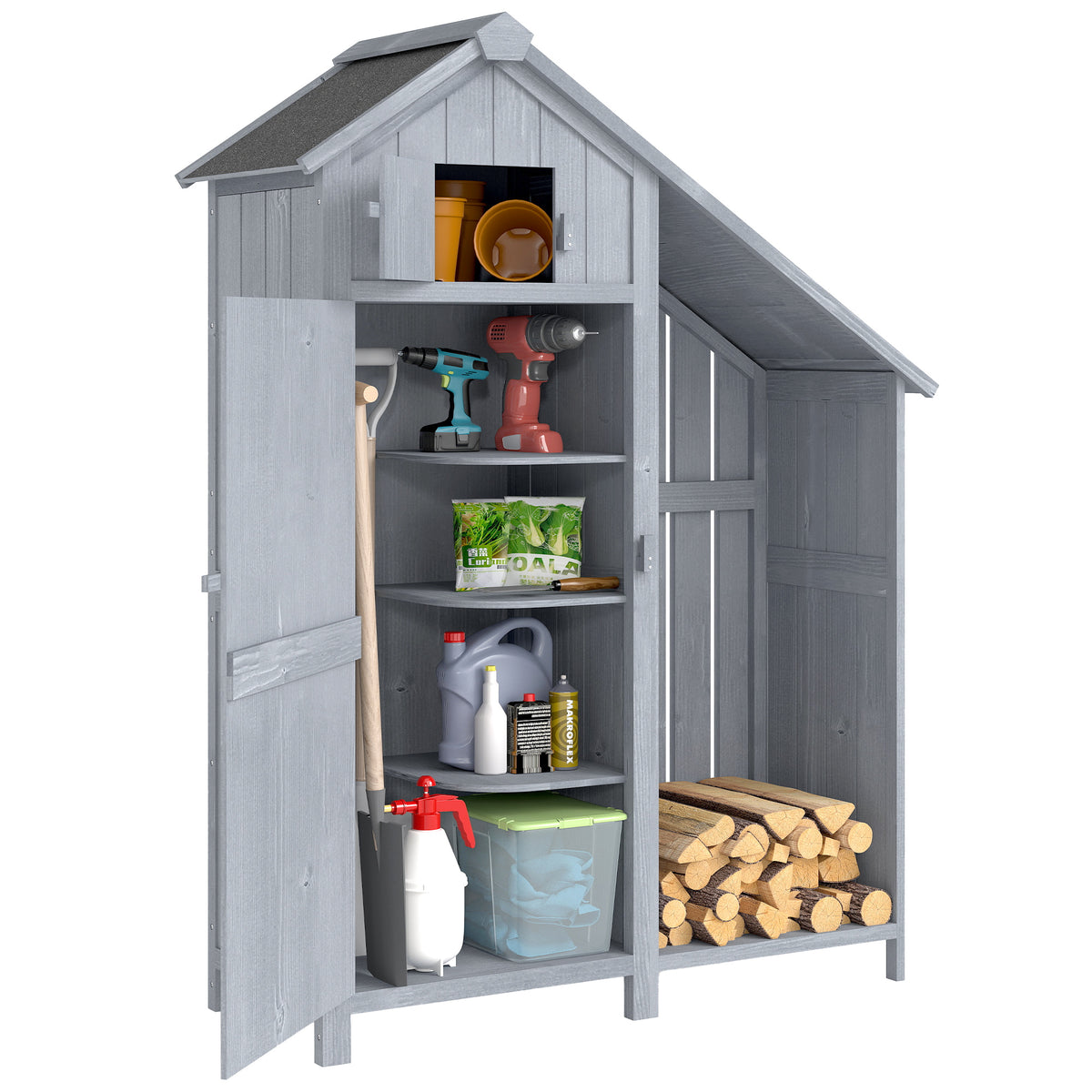 Garden Outdoor Storage Shed 3 Shelves Tilt Roof w/ Firewood Rack Log Carrier, 129L x 51.5W x 180H cm