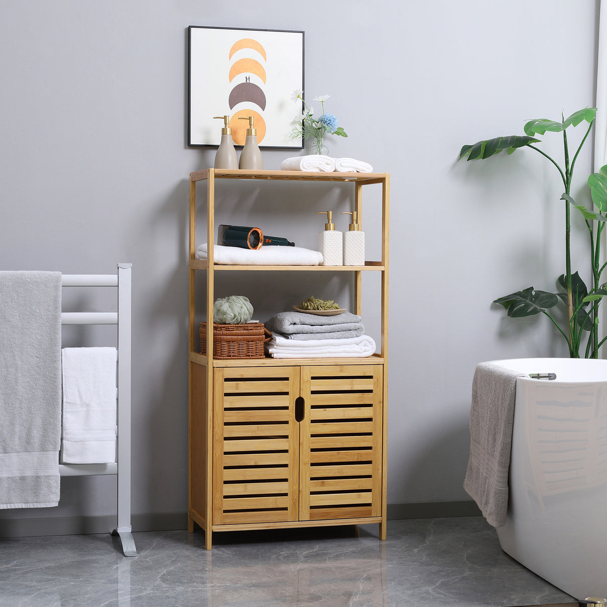 Badezimmerschrank, Badezimmerkommode mit Lamellent¨¹ren, Badregal, Bambusholz, Naturholz