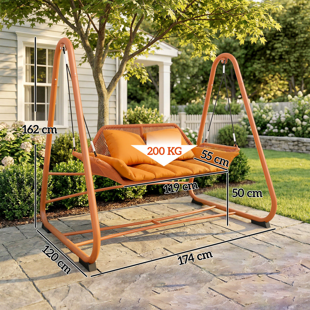 Hollywoodschaukel, Gartenschaukel mit Kissen, Gestell, für Garten, Balkon, 174 x 120 x 162 cm, Metall, Terrakotta