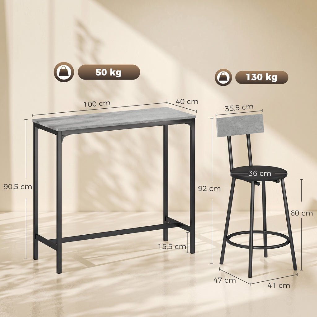 Bartisch mit Barhocker Set Tresentisch mit 2 gepolsterten Hockern mit Fußstütze für Esszimmer, kleinen Raum, Grau