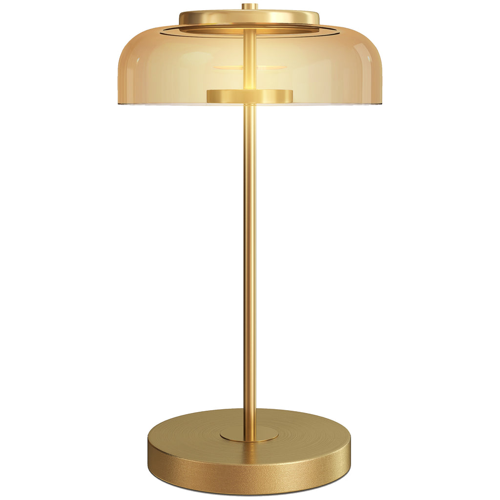 Tischlampe Tischleuchte mit warmem LED-Licht, Metallsockel, bernsteinfarbenem Glasschirm, Ø23 x 40H cm, Gold