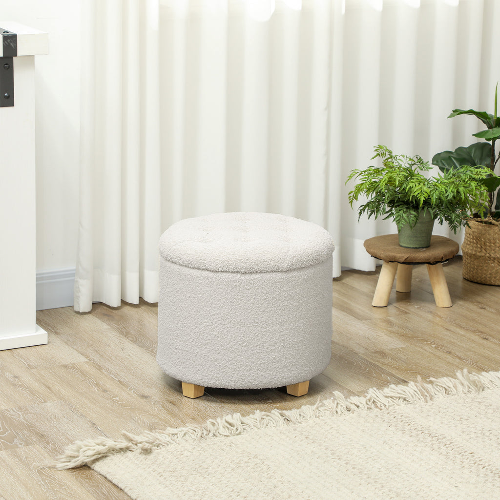 Sitzhocker mit Stauraum, Hocker mit Deckel, Runder Fußhocker, Aufbewahrungsbox, mit Holzbeinen, Weiß