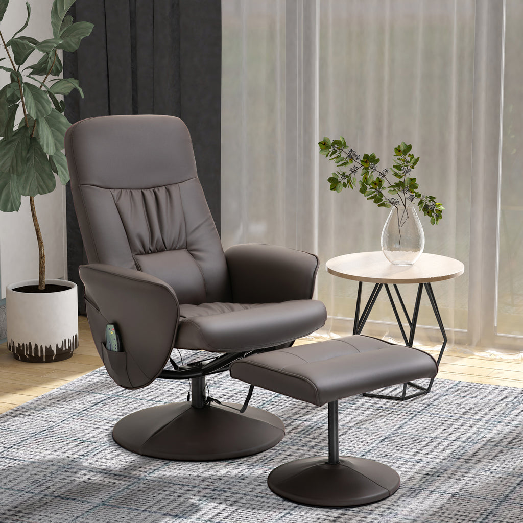 Relaxsessel mit Hocker, drehbarer Fernsehsessel mit 10 Massagepunkte, Liegefunktion, Massagesessel mit Fernbedienung, Seitentasche, TV-Sessel, Kunstleder, Braun